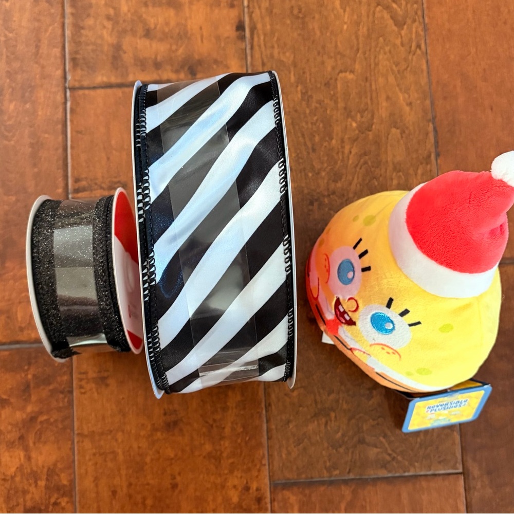 ❤️2 Ribbons /Black & White Diagonal Stripe Wired Ribbon+ black +SpongeBob New